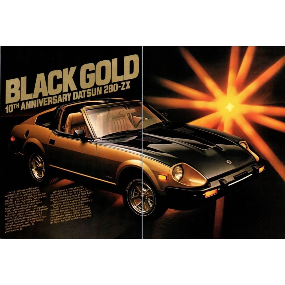 1980 Datsun 280-ZX 10th Anniversary Black Gold 2pg Vintage Print Ad Wall Art